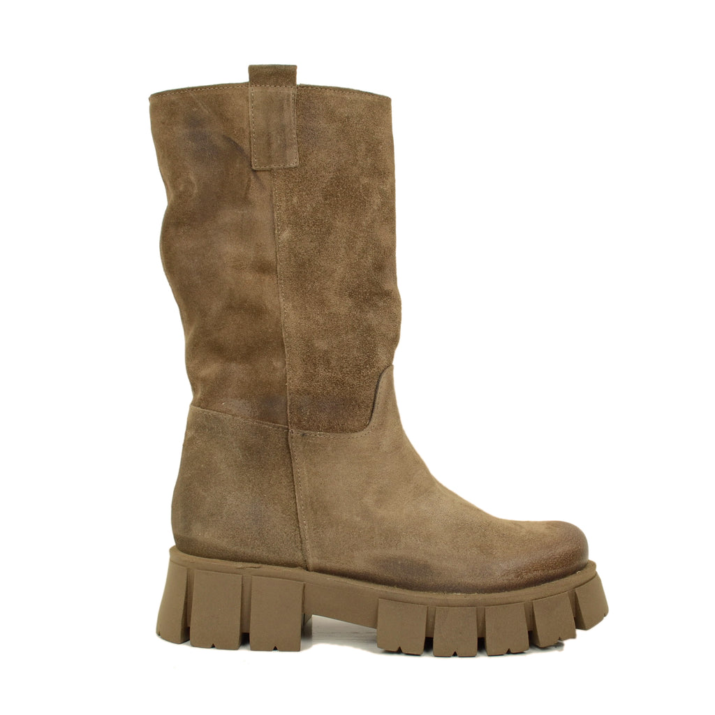 Stivali Biker in Pelle Scamosciata Taupe Made in Italy - 2
