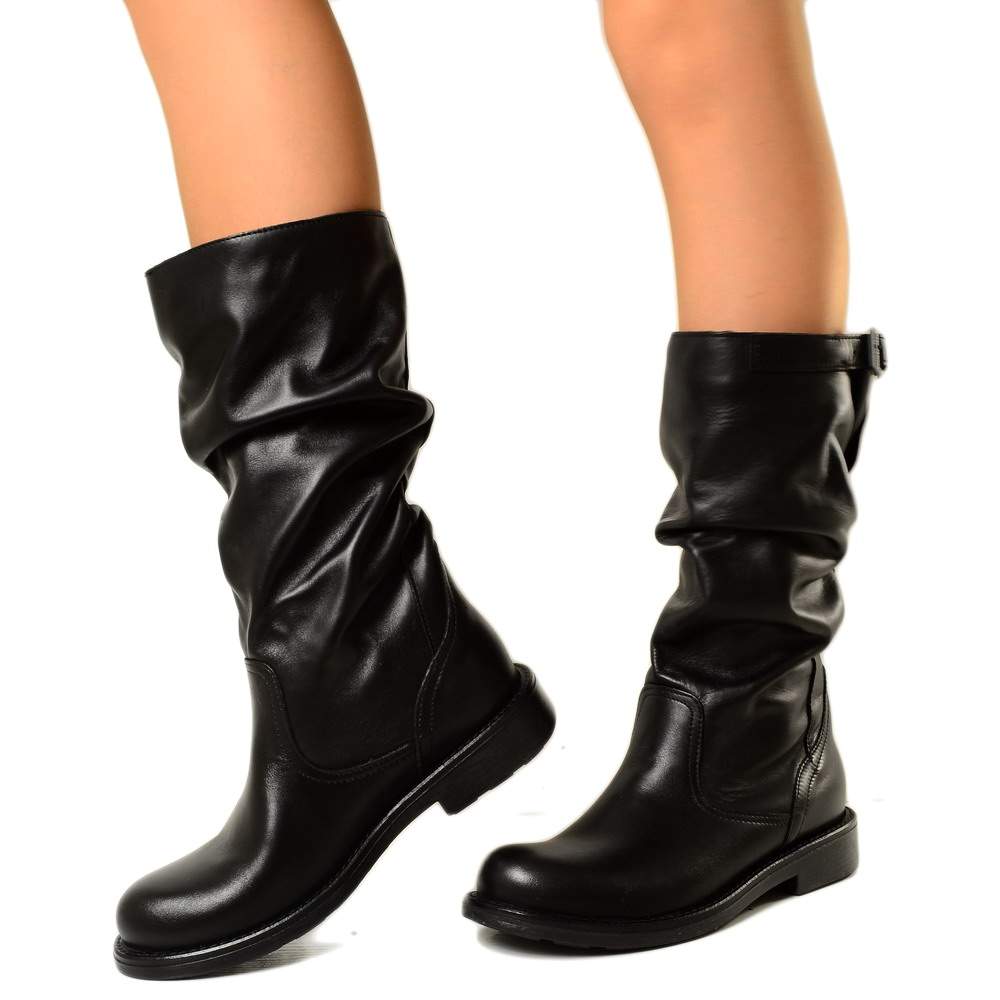 Comfortable Mid Calf Biker Boots in Genuine Black Leather - 2
