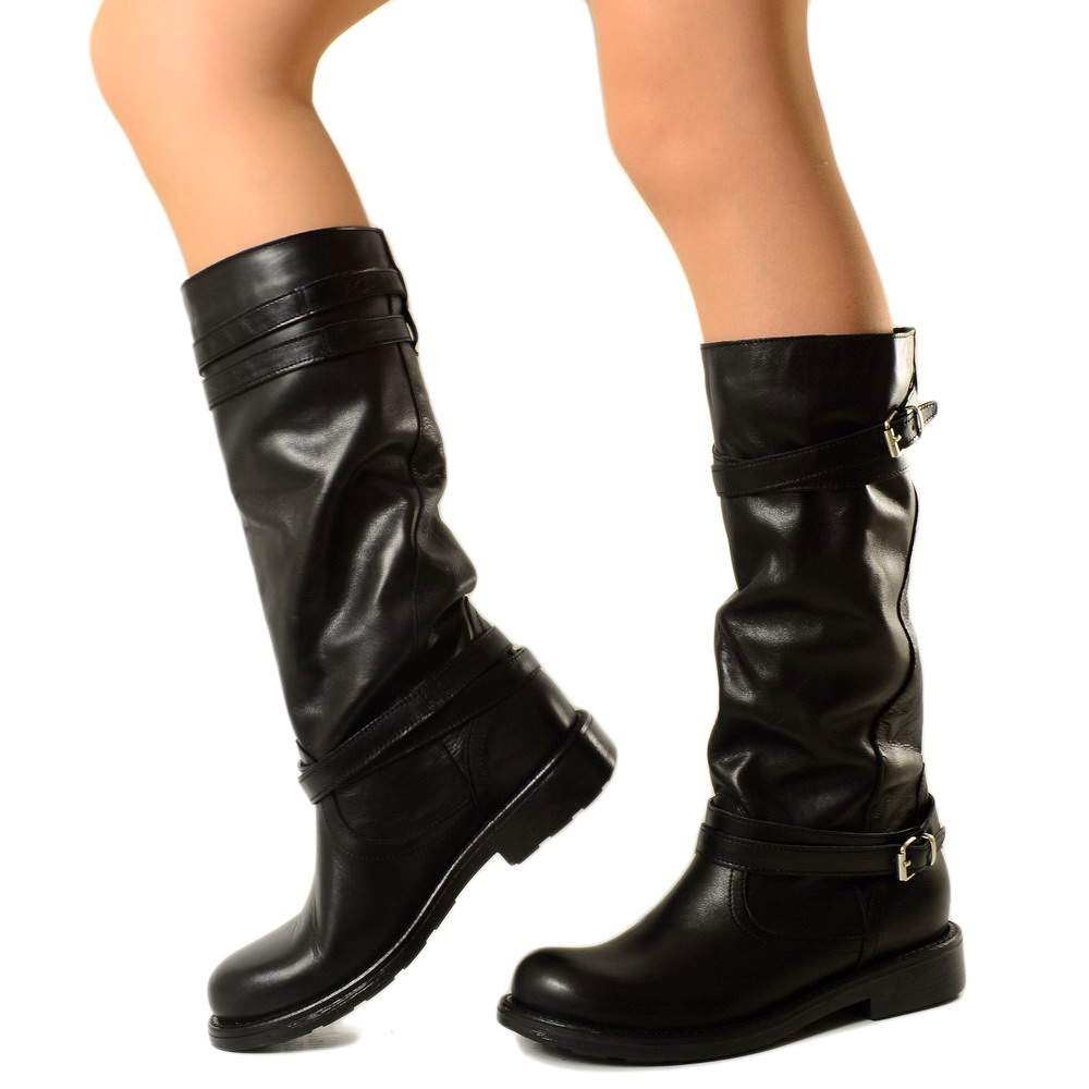 Camperos High Women's Boots with Buckles in Black Smooth Leather - 2