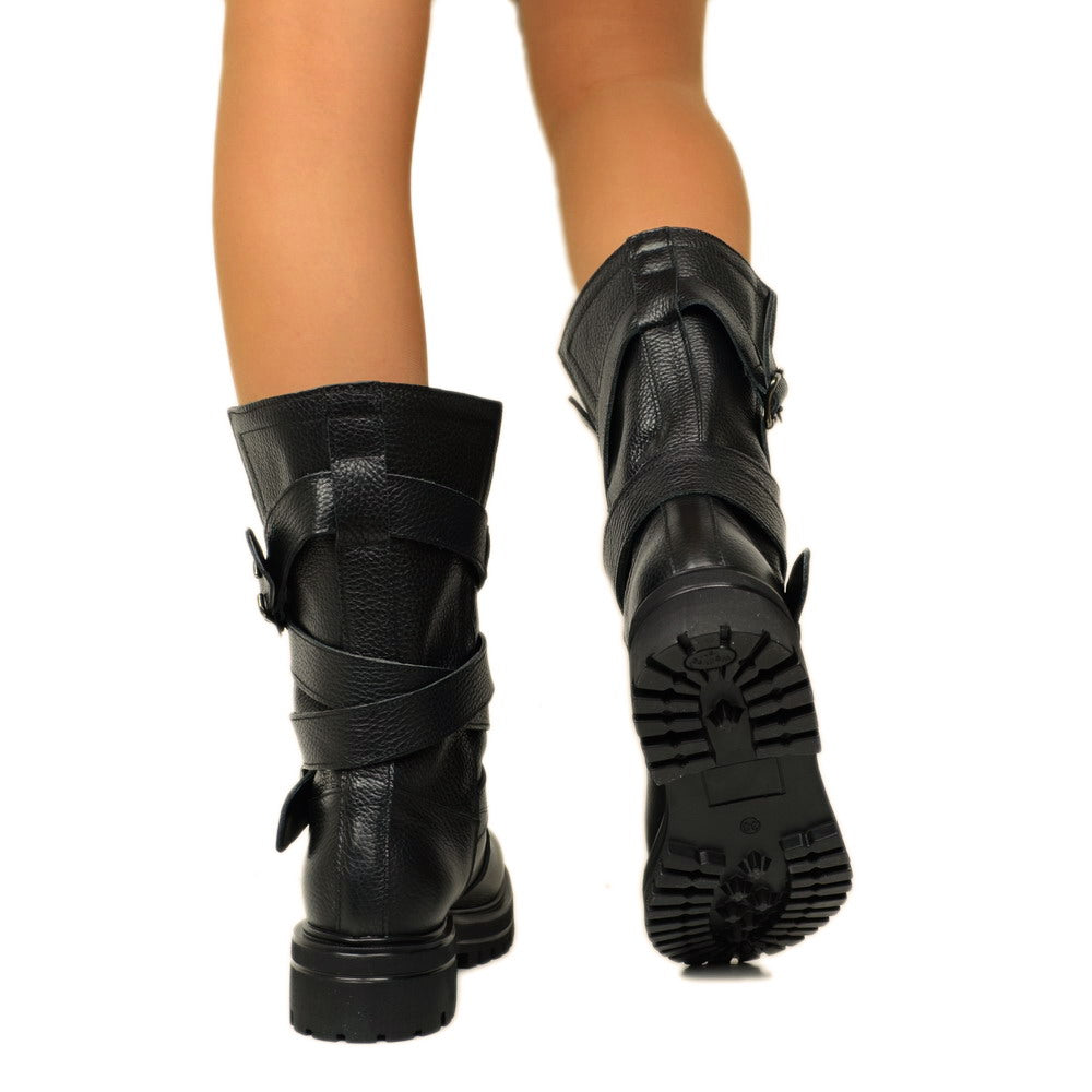 Women's Biker Boots in Tumbled Leather Made in Italy with Buckles - 5