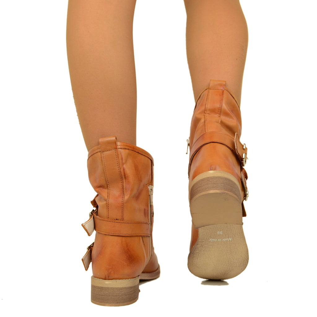 Women's Perforated Leather Biker Boots with Leather Gaiter - 5
