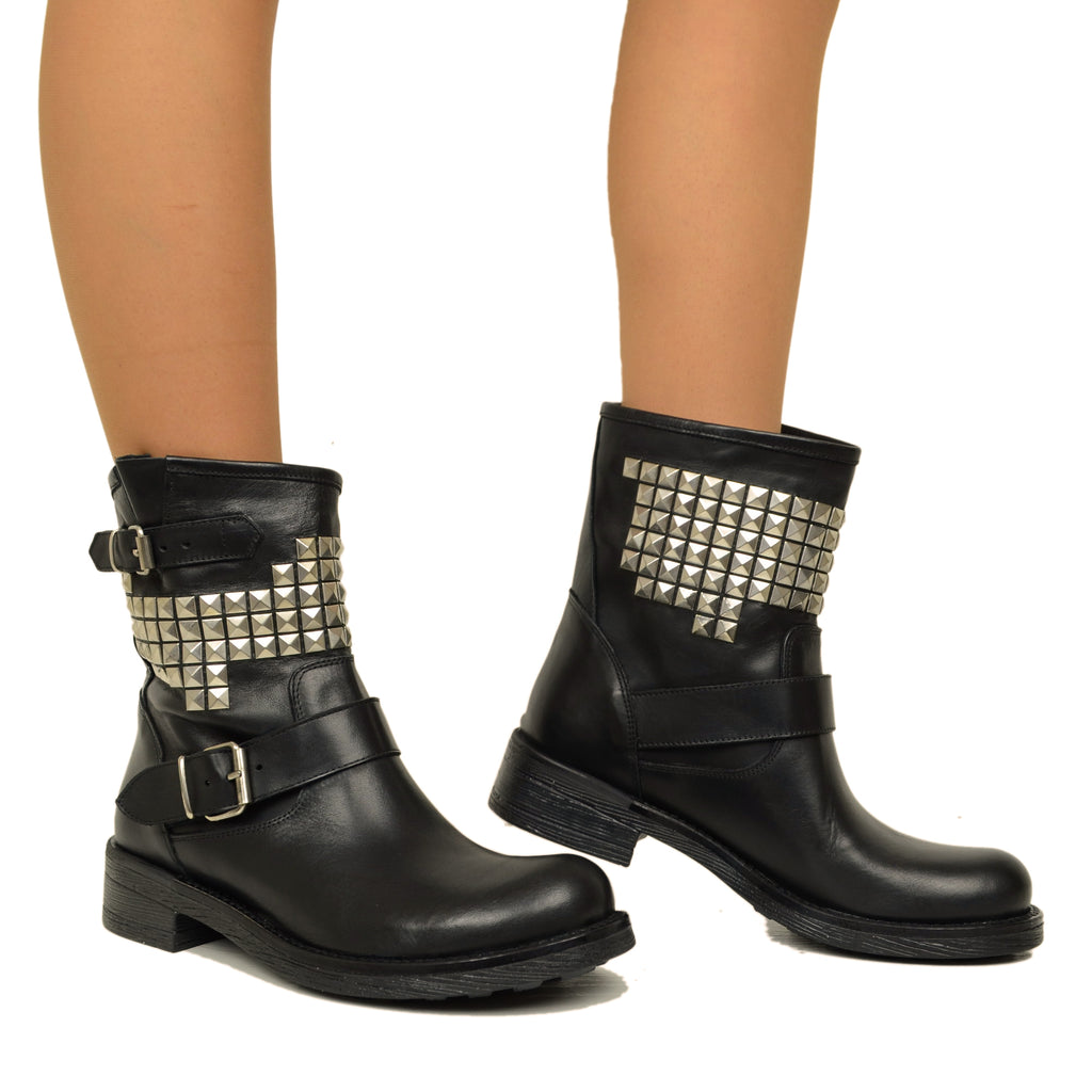 Women's Biker Boots with Studs in Genuine Black Leather Made in Italy - 6