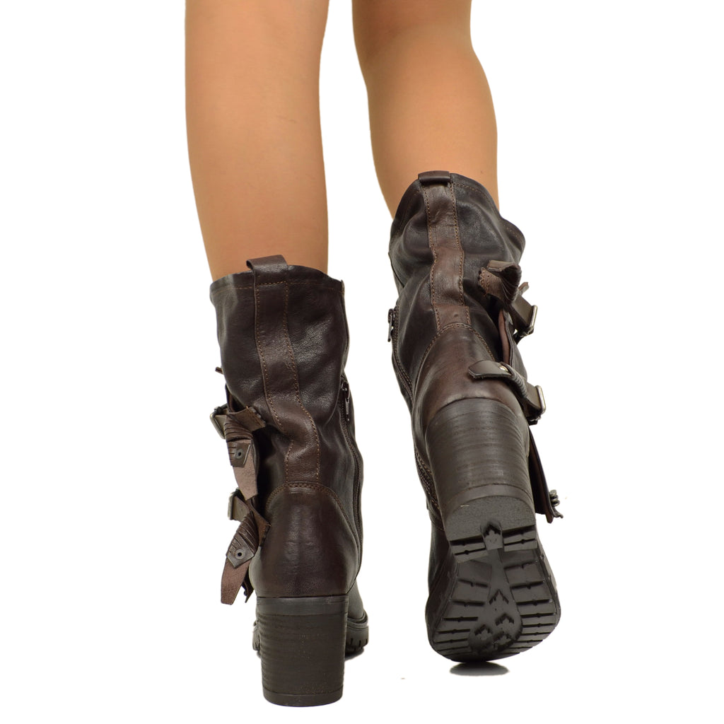 Dark Brown Biker Women's Boots in Vintage Leather Made in Italy - 5