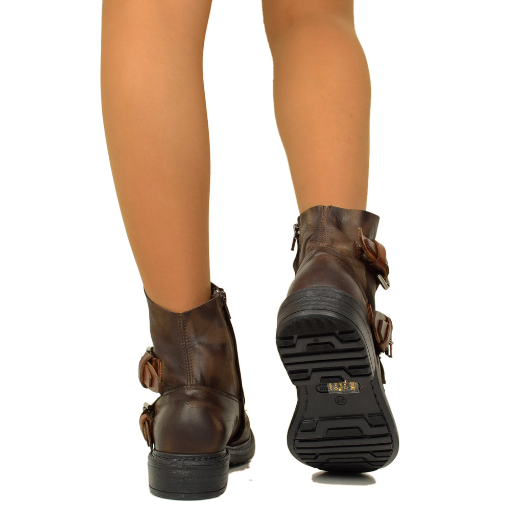 Stivaletti Donna Biker in Pelle Testa di Moro con Fibbie - 4