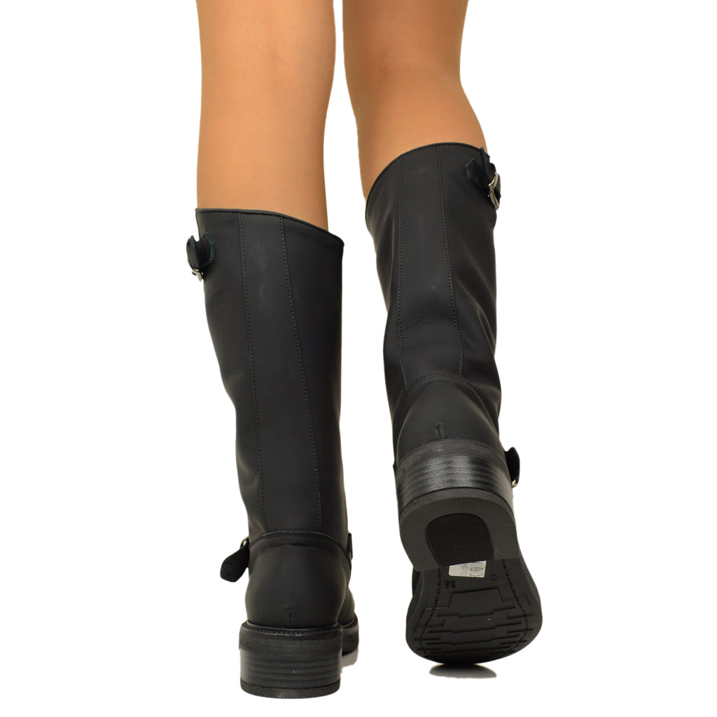 Women's Black Leather Biker Boots with Adjustable Buckles - 4