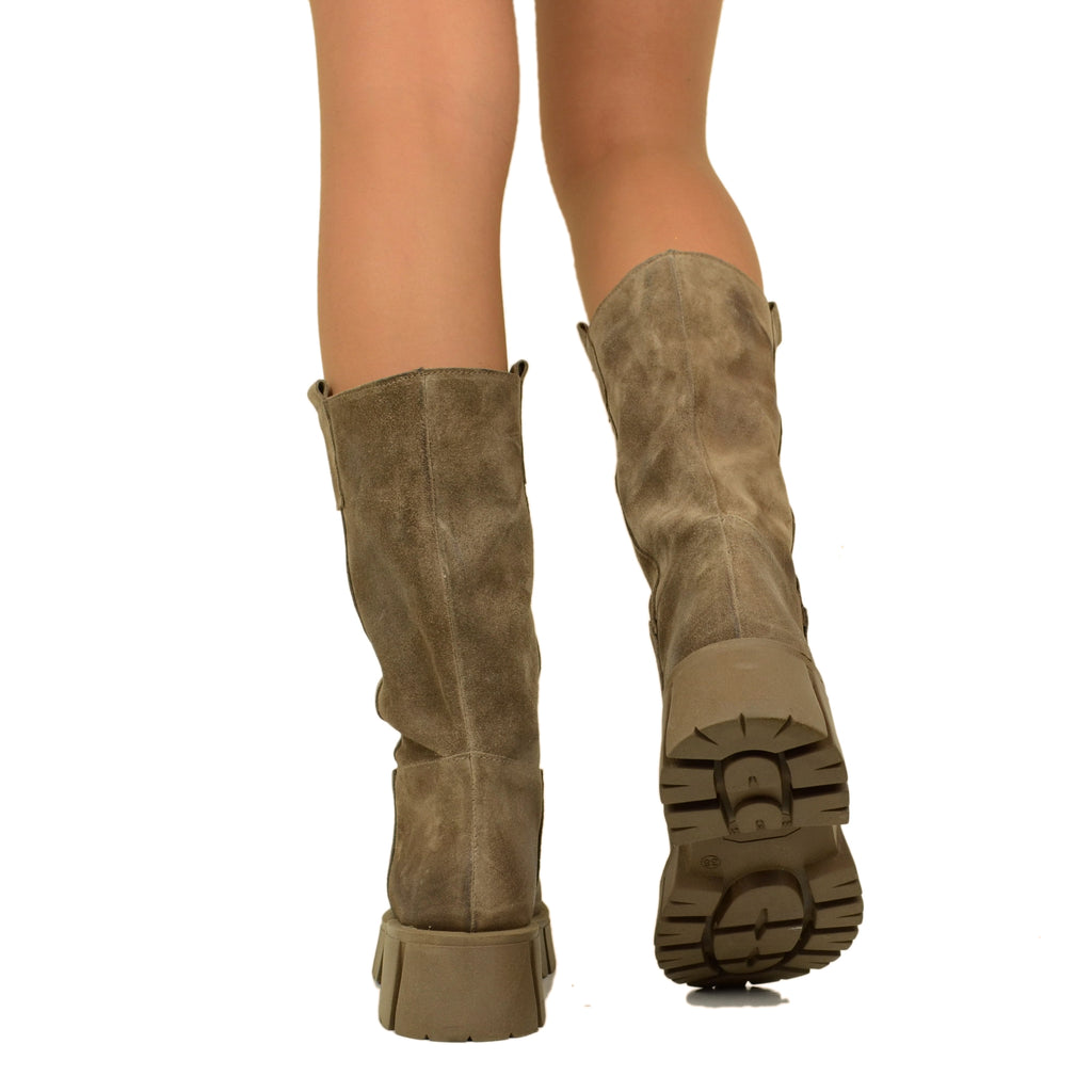 Stivali Biker in Pelle Scamosciata Taupe Made in Italy - 4