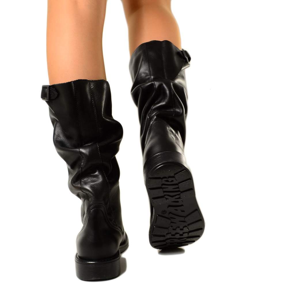 Comfortable Mid Calf Biker Boots in Genuine Black Leather - 5