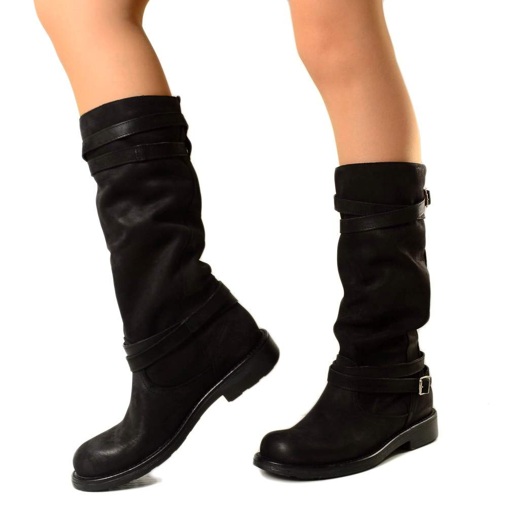 Hohe Camperos-Stiefel für Damen aus schwarzem Vintage-Leder mit Farbverlauf - 5
