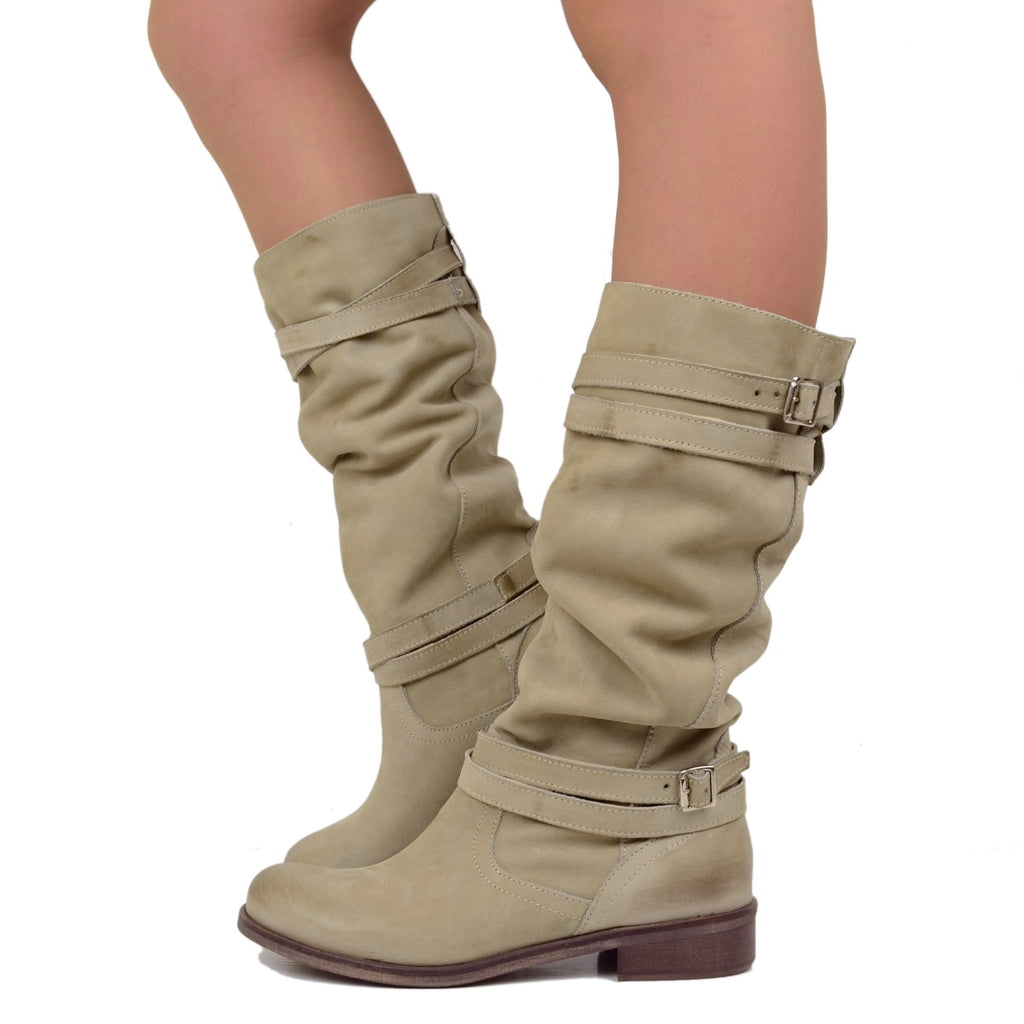Women's Summer Biker Boots in Taupe Nubuck Leather Made in Italy