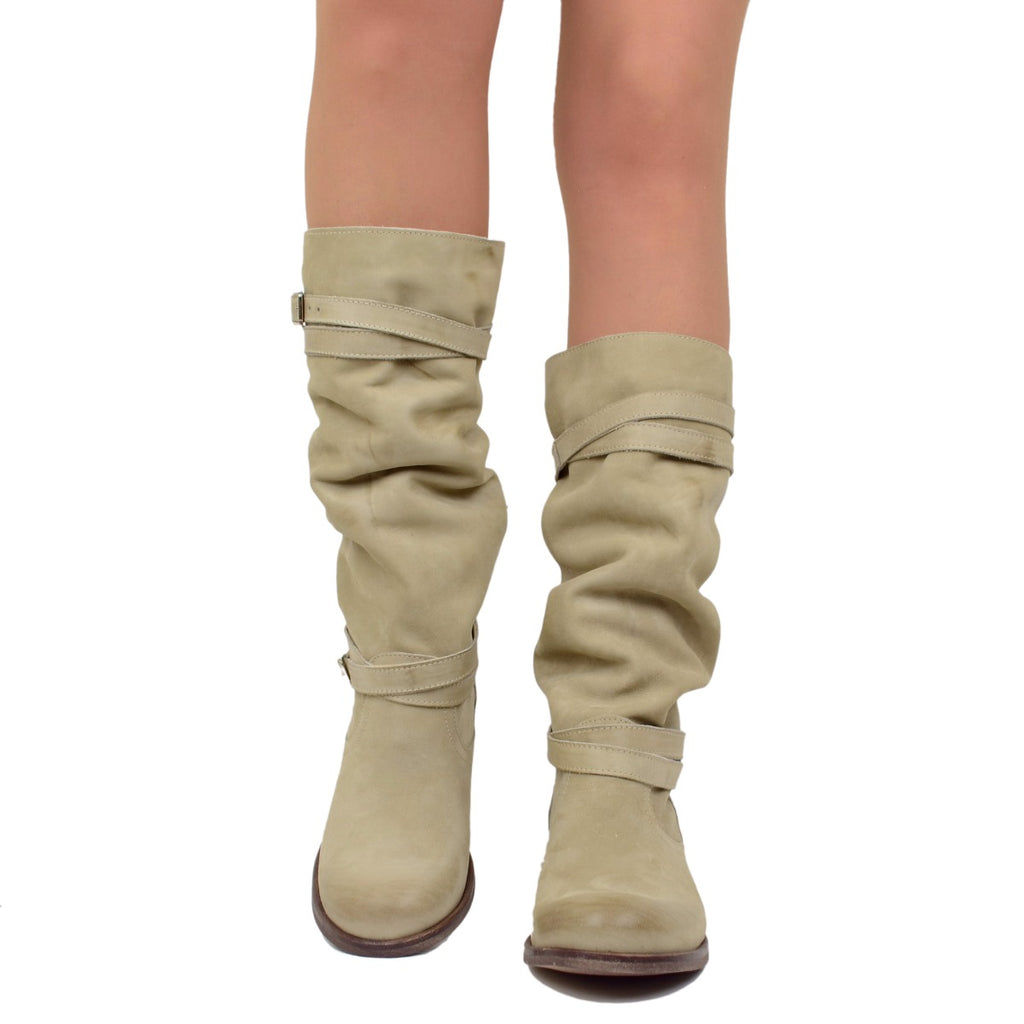 Women's Summer Biker Boots in Taupe Nubuck Leather Made in Italy - 2