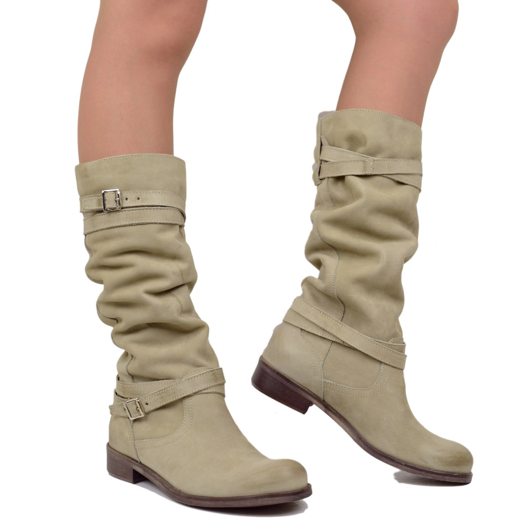 Women's Summer Biker Boots in Taupe Nubuck Leather Made in Italy - 3