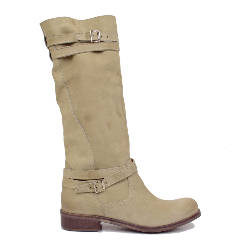Women's Summer Biker Boots in Taupe Nubuck Leather Made in Italy - 4