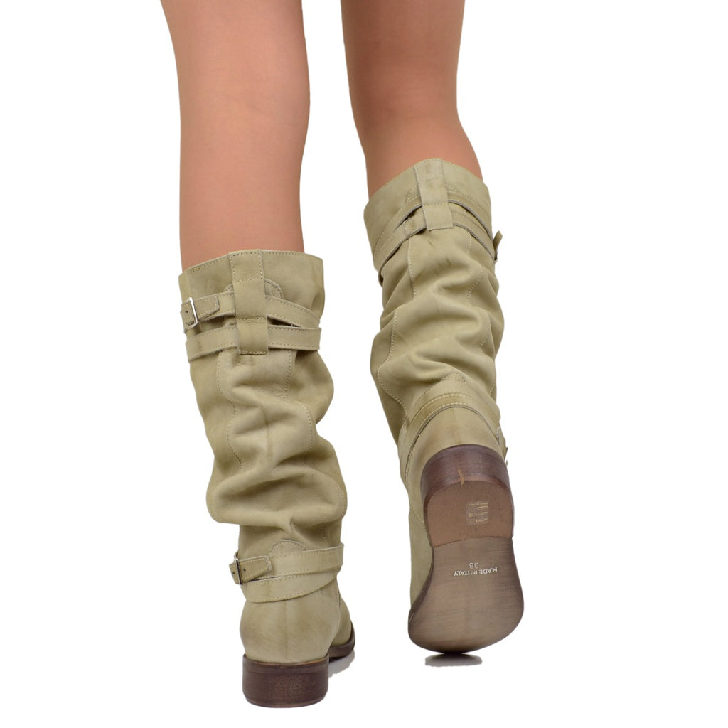 Women's Summer Biker Boots in Taupe Nubuck Leather Made in Italy - 5