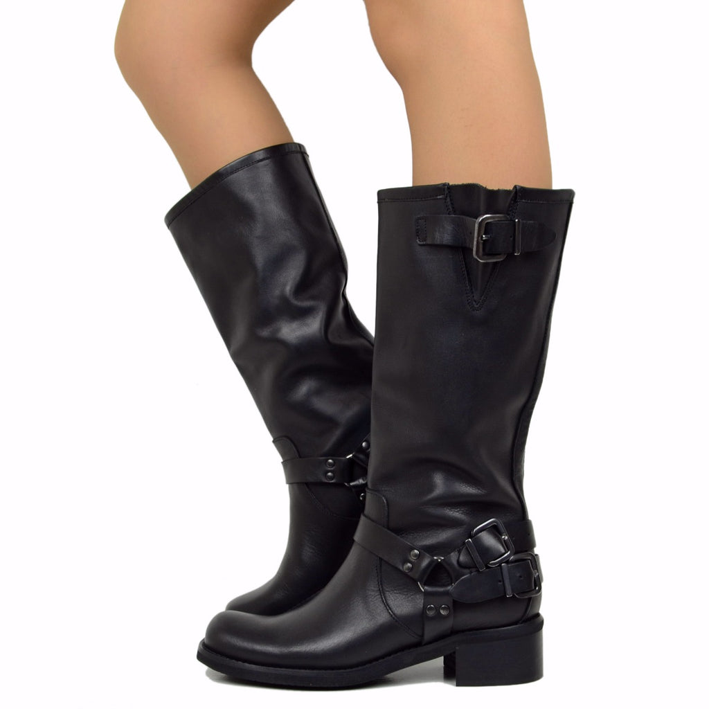 Women's Black Leather Boots with Square Toe Made in Italy