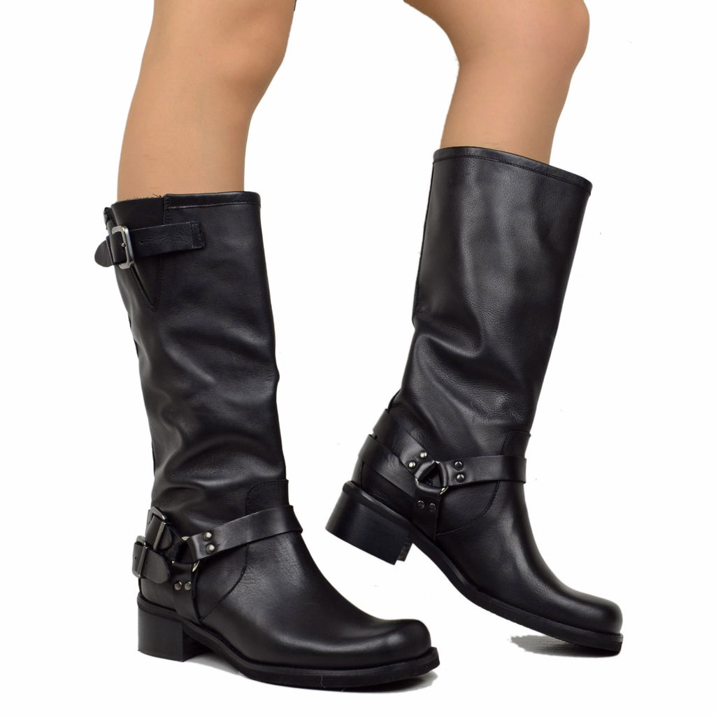 Women's Black Leather Boots with Square Toe Made in Italy - 3