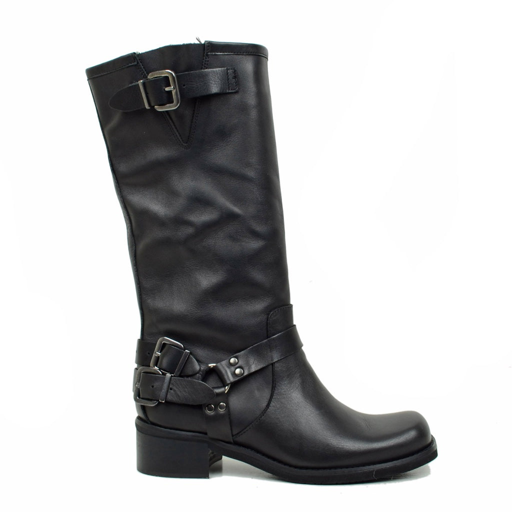 Women's Black Leather Boots with Square Toe Made in Italy - 2