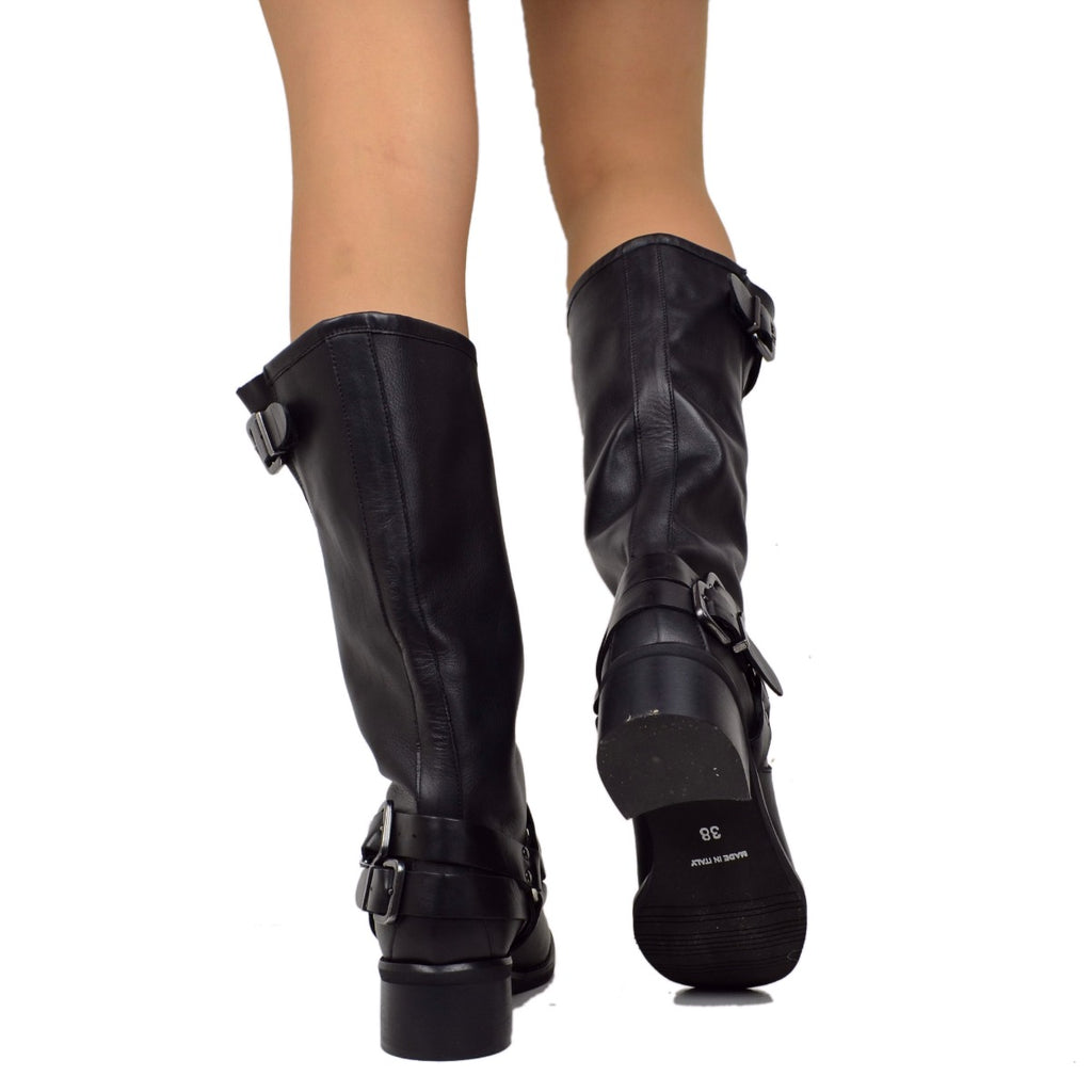 Schwarze Damen-Lederstiefel mit quadratischer Zehenpartie, hergestellt in Italien - 5