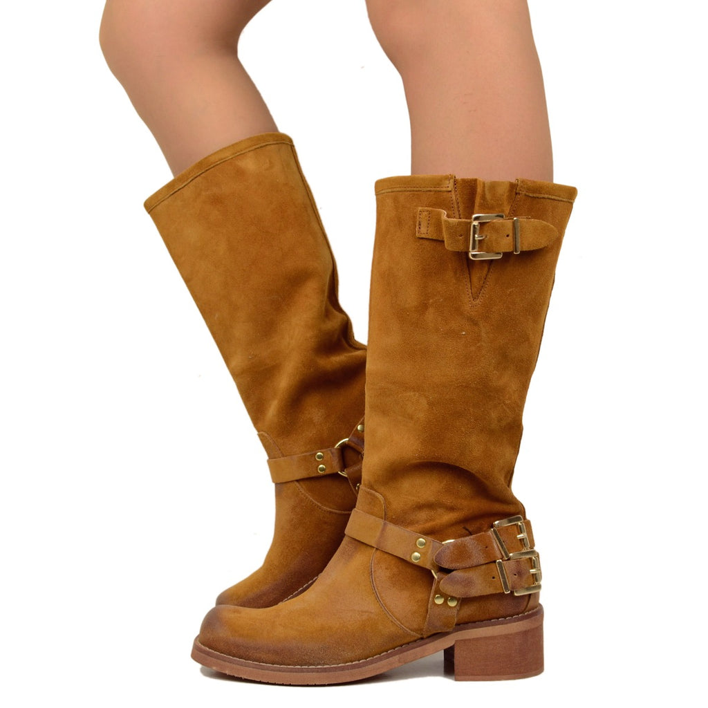 Women's Boots in Tan Suede Leather with Square Toe