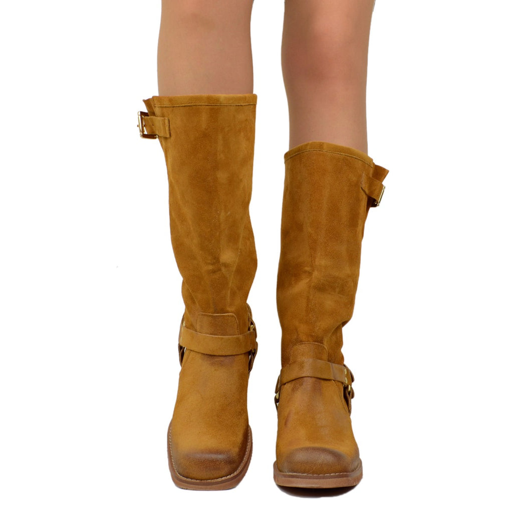 Women's Boots in Tan Suede Leather with Square Toe - 3