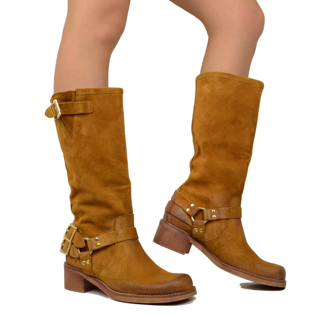 Women's Boots in Tan Suede Leather with Square Toe - 4