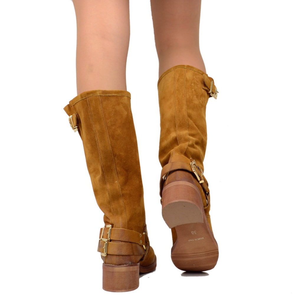 Women's Boots in Tan Suede Leather with Square Toe - 5