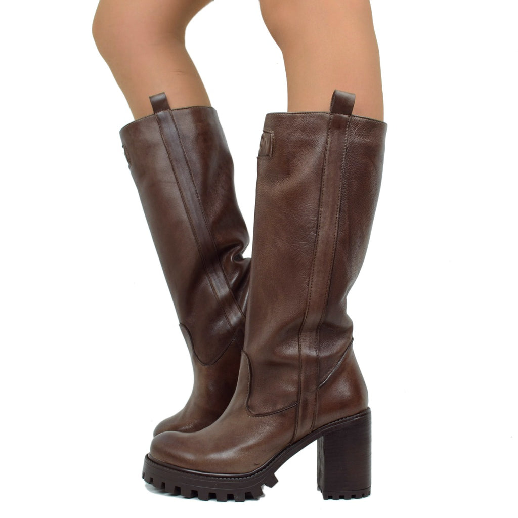 Women's Biker Boots in Dark Brown Leather Made in Italy