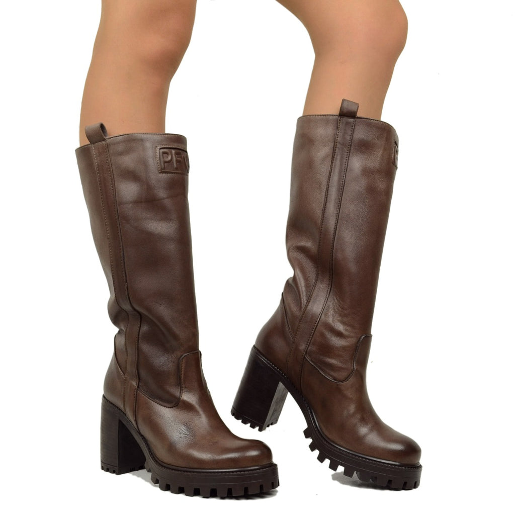 Women's Biker Boots in Dark Brown Leather Made in Italy - 3