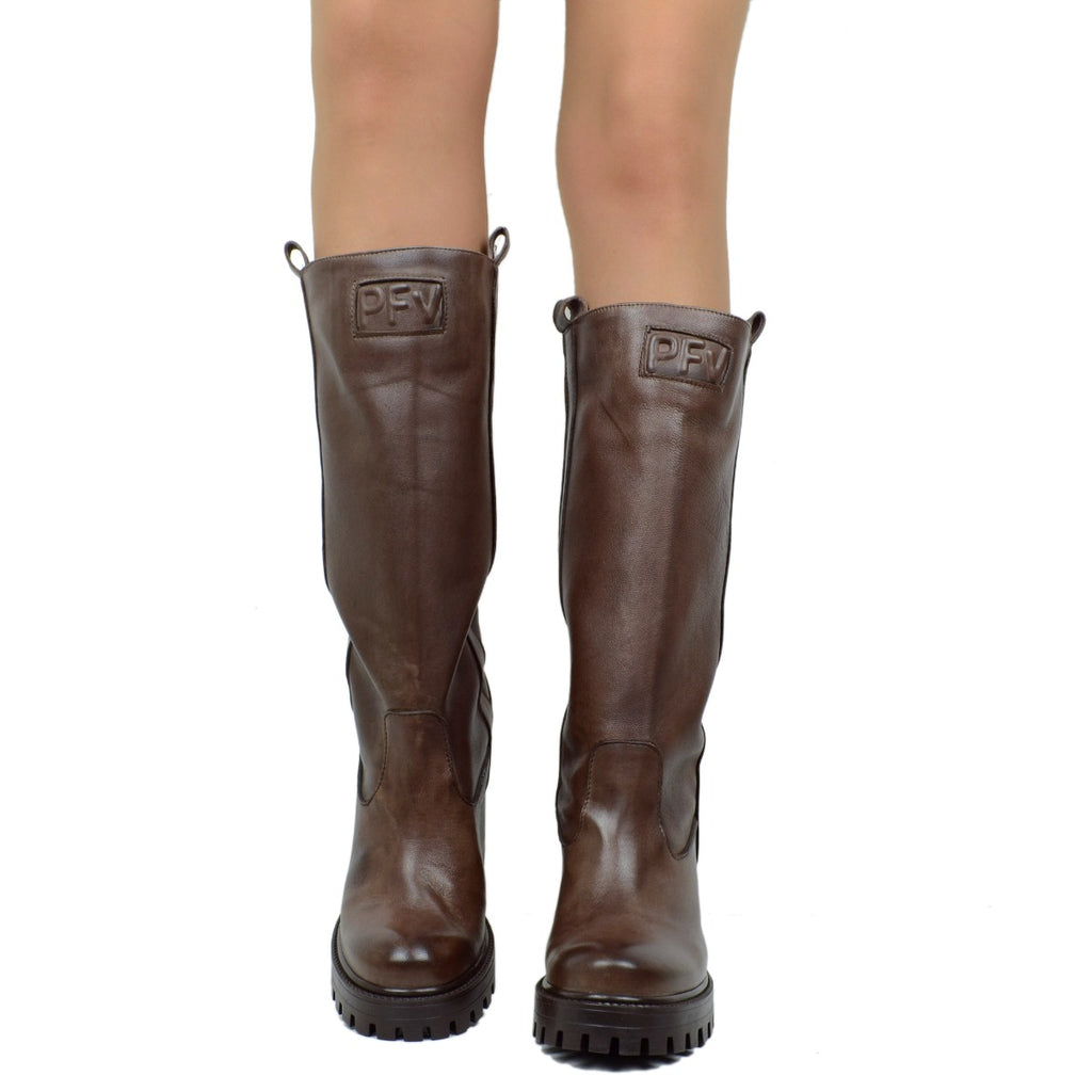 Women's Biker Boots in Dark Brown Leather Made in Italy - 4