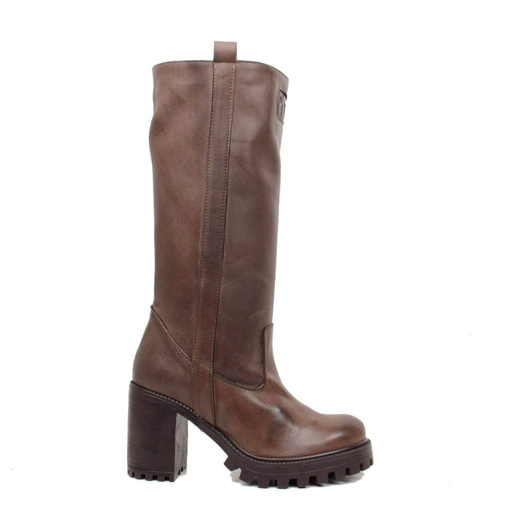 Women's Biker Boots in Dark Brown Leather Made in Italy - 2