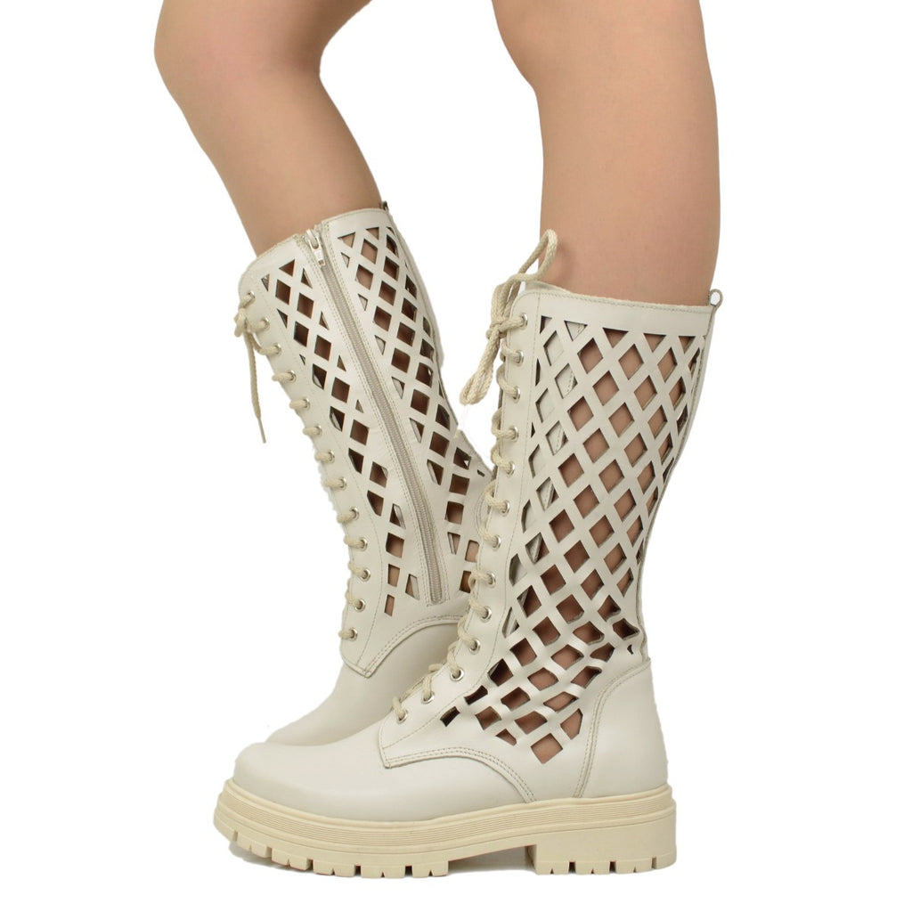 Women's Perforated White Leather Biker Boots Made in Italy