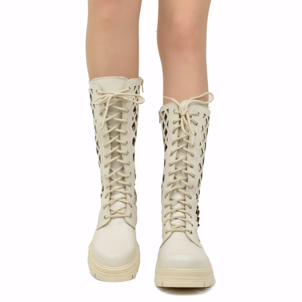 Women's Perforated White Leather Biker Boots Made in Italy - 2