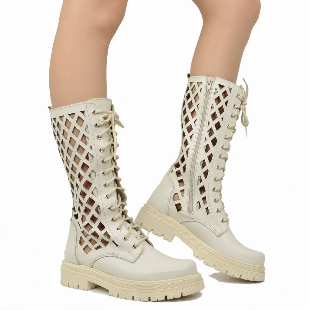 Women's Perforated White Leather Biker Boots Made in Italy - 3