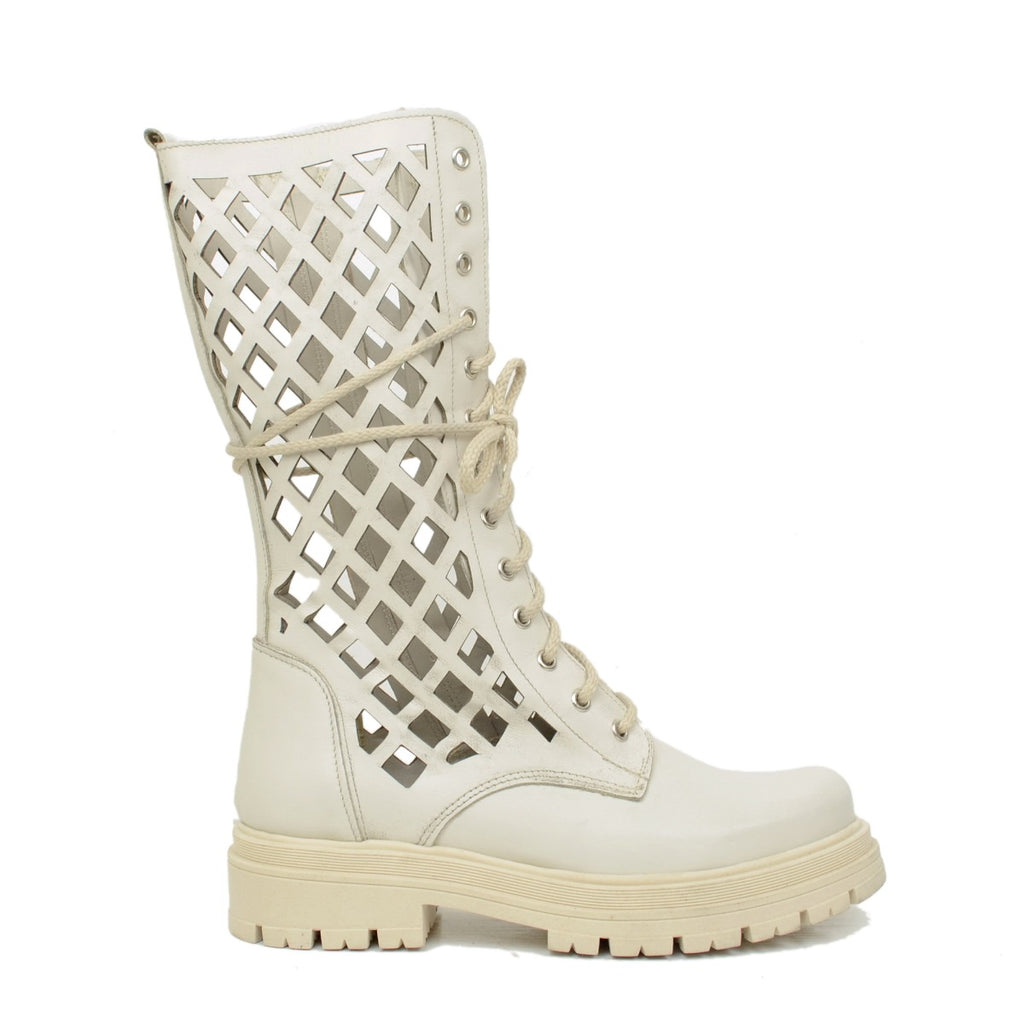 Women's Perforated White Leather Biker Boots Made in Italy - 4
