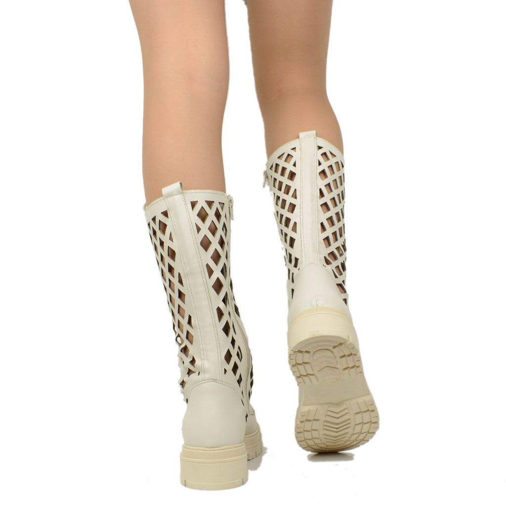 Women's Perforated White Leather Biker Boots Made in Italy - 5