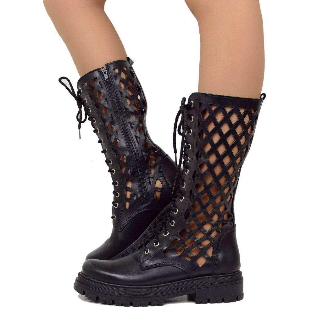 Women's Black Biker Boots in Perforated Leather Made in Italy