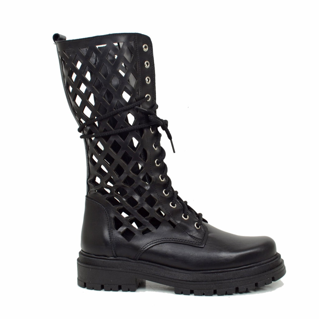 Women's Black Biker Boots in Perforated Leather Made in Italy - 5