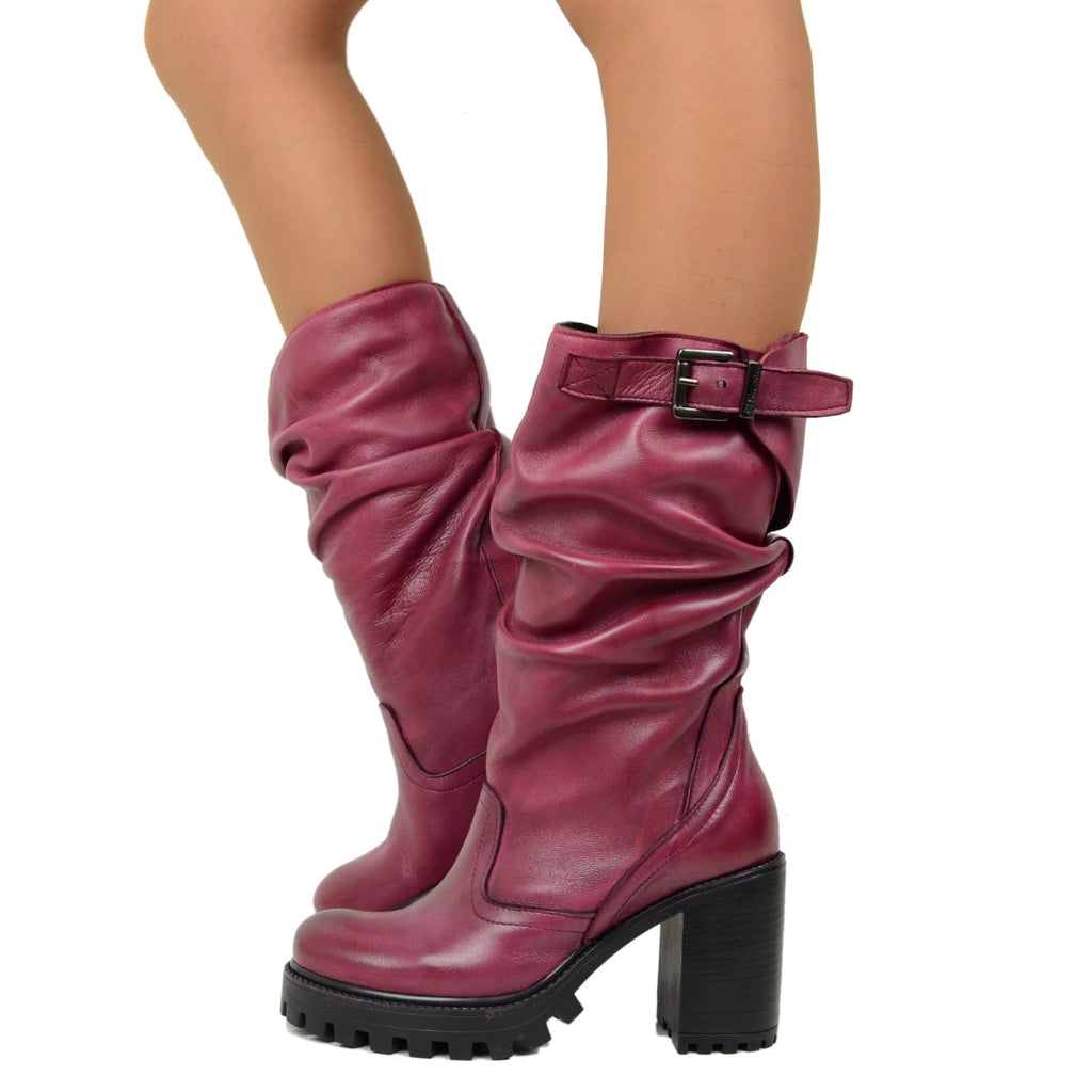 Damen-Bordeaux-Lederstiefel mit hohem Absatz, hergestellt in Italien