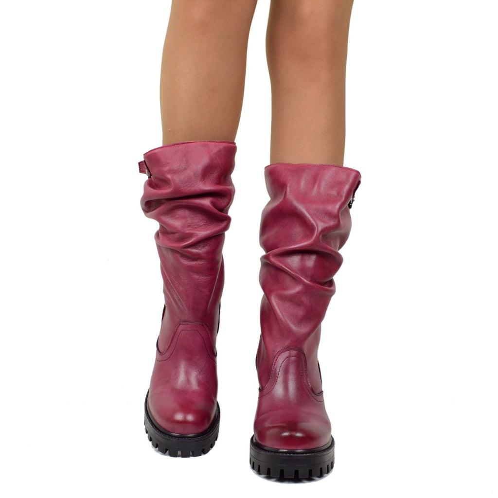 Damen-Bordeaux-Lederstiefel mit hohem Absatz, hergestellt in Italien - 2
