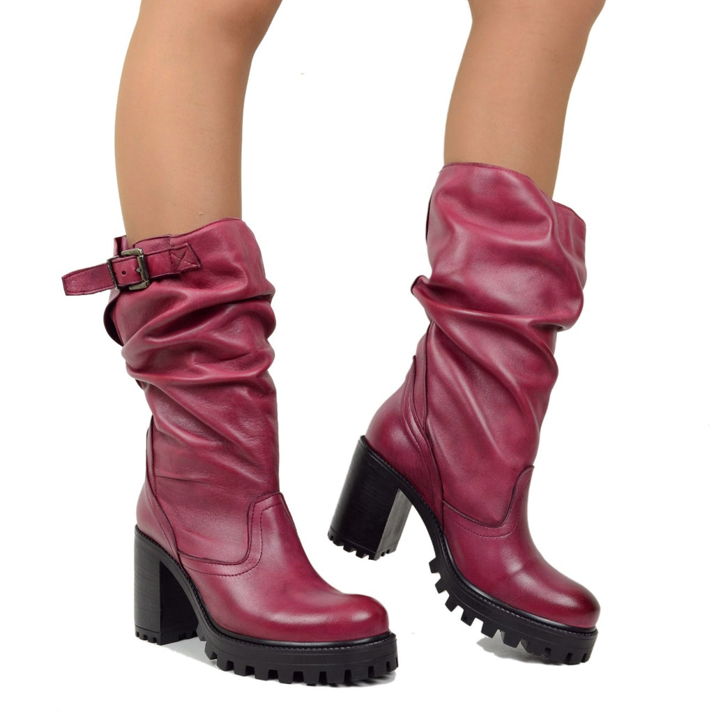 Damen-Bordeaux-Lederstiefel mit hohem Absatz, hergestellt in Italien - 3