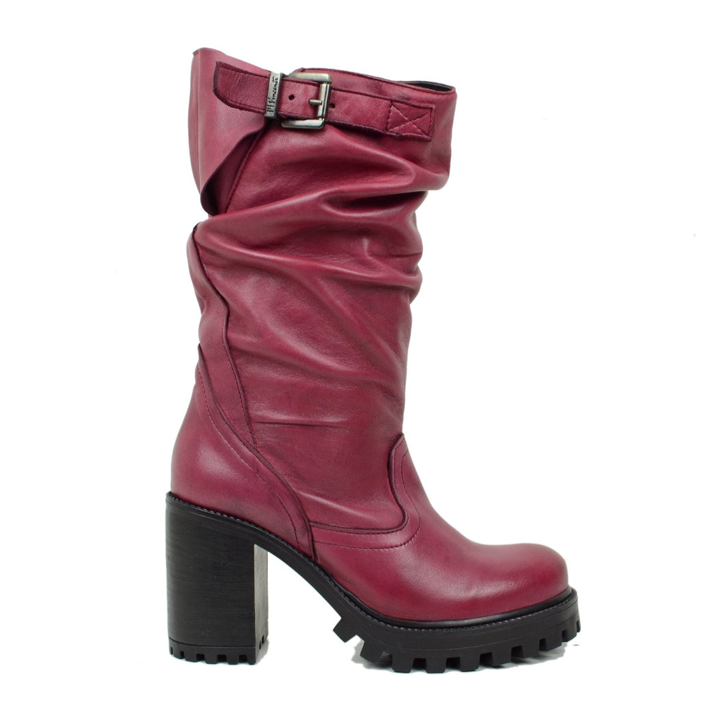 Damen-Bordeaux-Lederstiefel mit hohem Absatz, hergestellt in Italien - 4