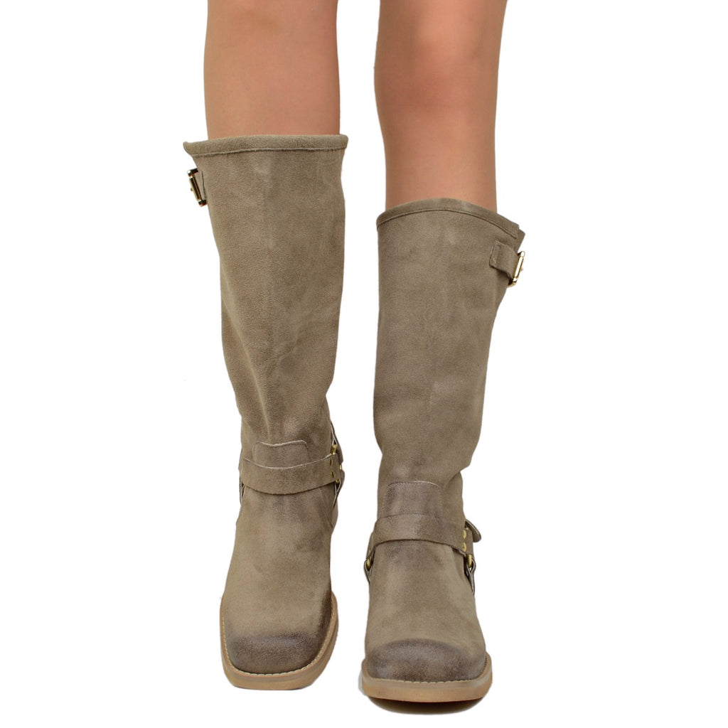 Women's Taupe Suede Boots with Square Toe - 3