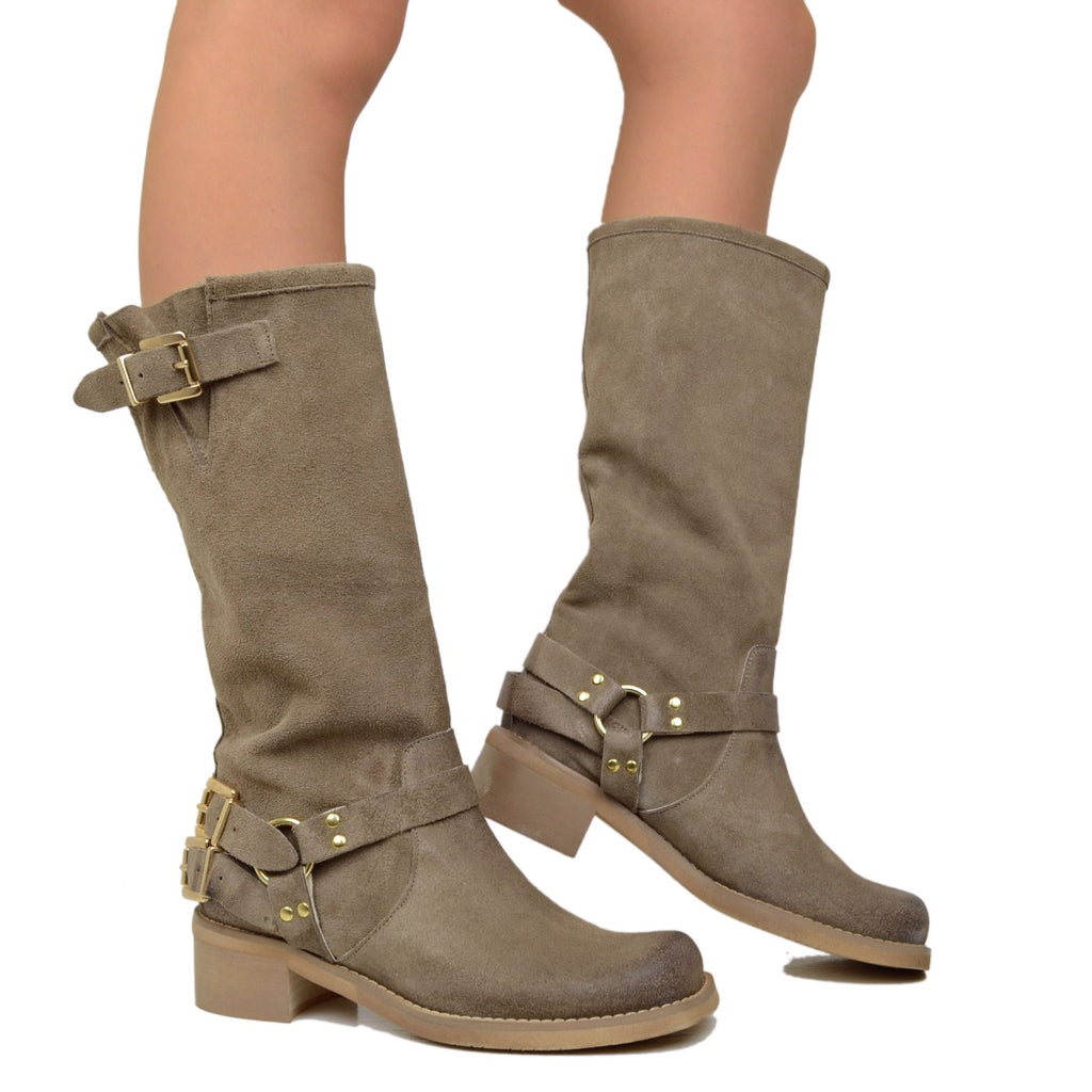 Women's Taupe Suede Boots with Square Toe - 4