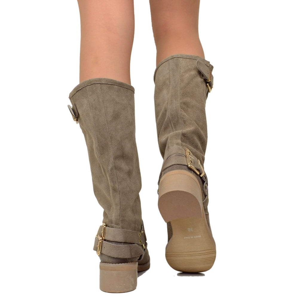 Women's Taupe Suede Boots with Square Toe - 5