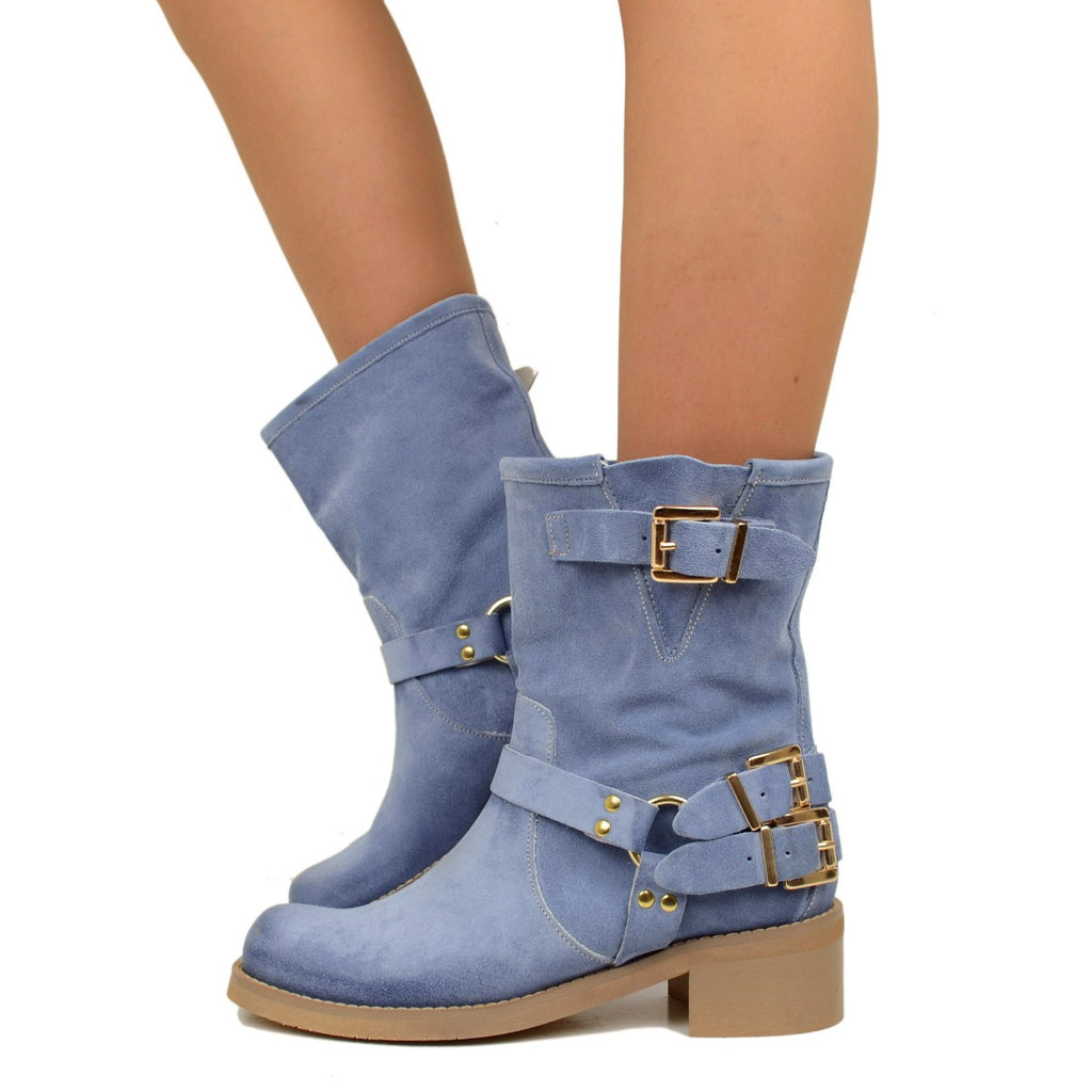 Women's Blue Suede Ankle Boots with Square Toe