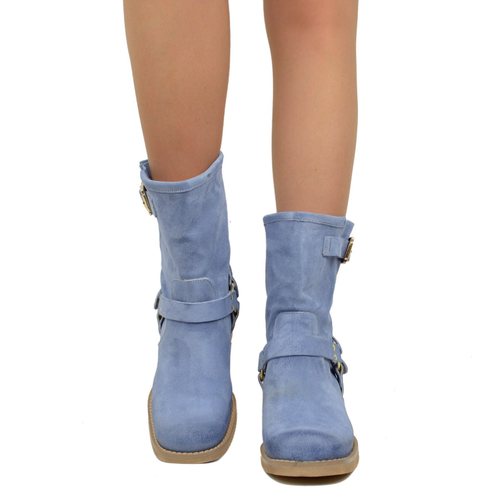 Women's Blue Suede Ankle Boots with Square Toe - 3