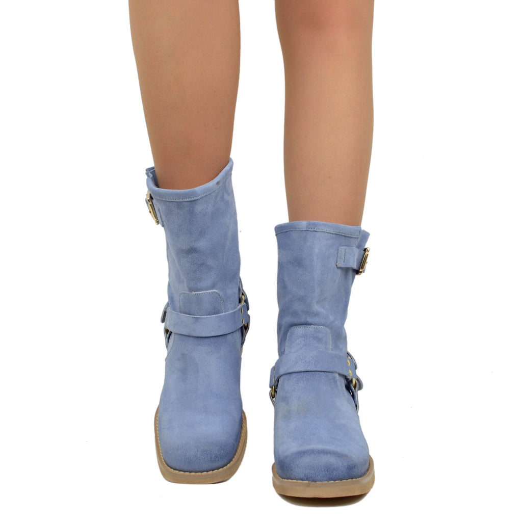 Stivaletti Donna in Pelle Scamosciata Blu con Punta Squadrata - 3