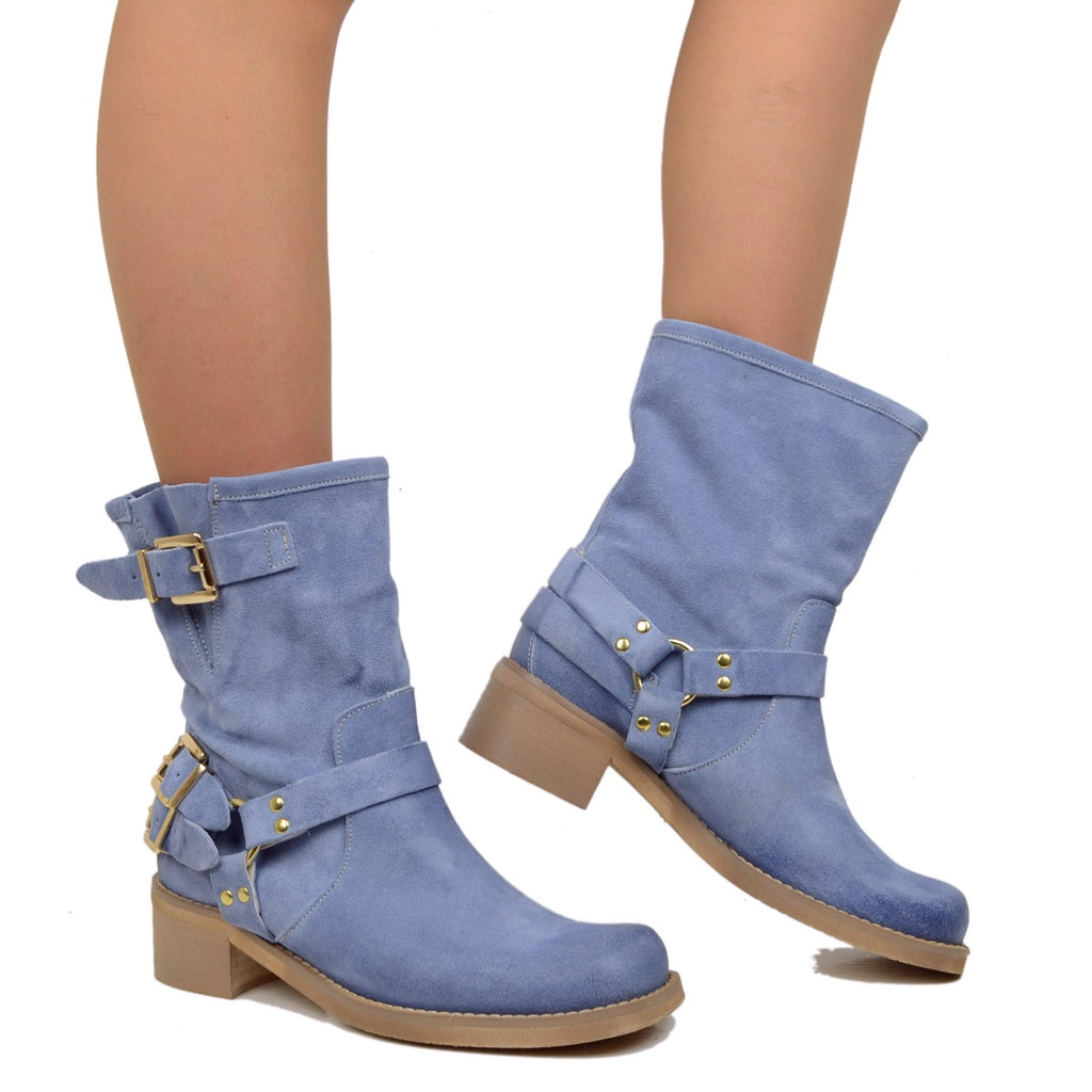 Women's Blue Suede Ankle Boots with Square Toe - 4