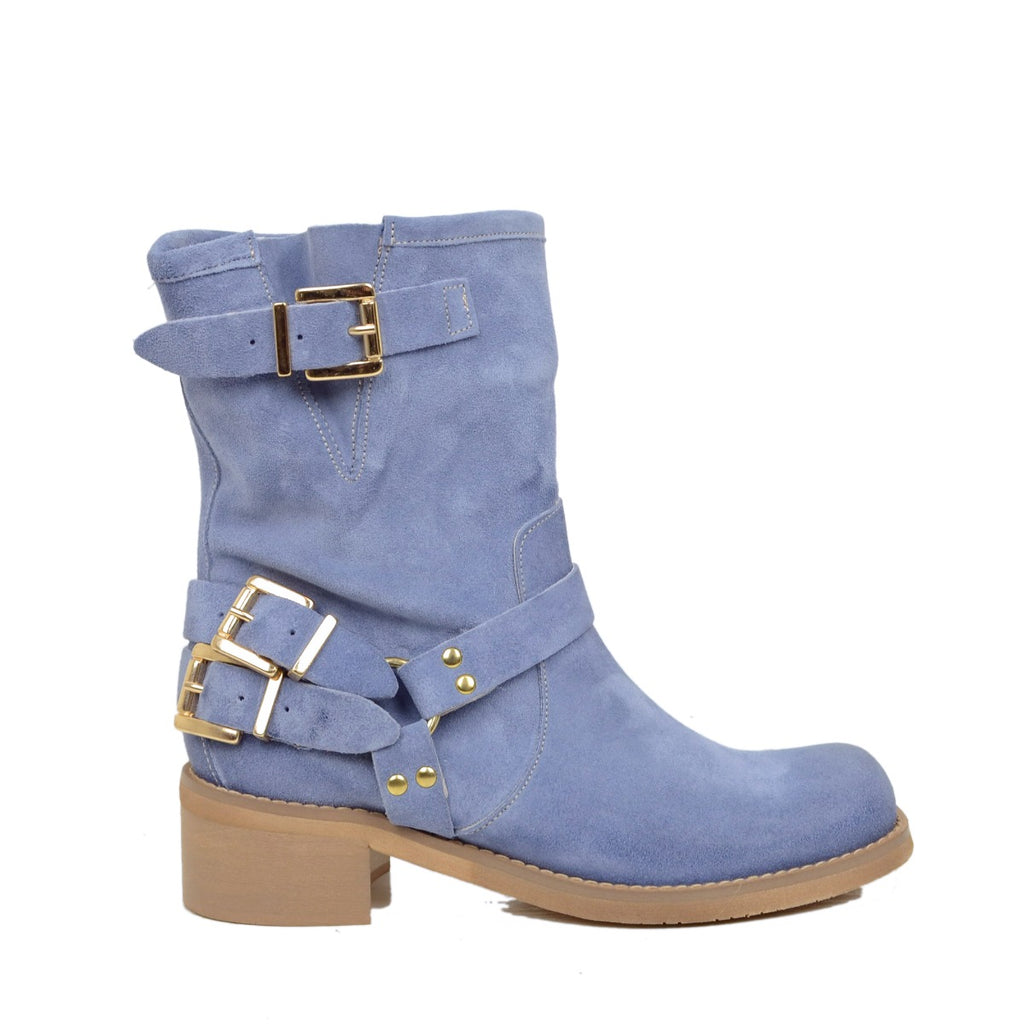 Women's Blue Suede Ankle Boots with Square Toe - 2