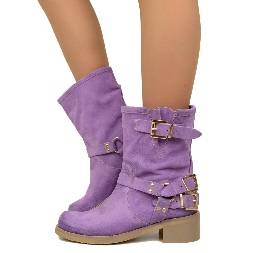 Women's Ankle Boots in Lilac Suede with Square Toe
