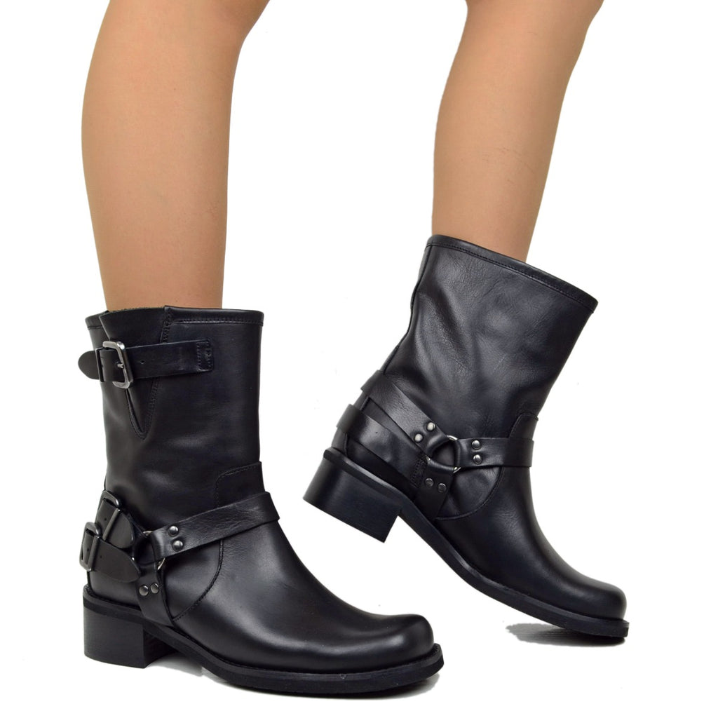 Women's Black Leather Ankle Boots with Square Toe Made in Italy - 4